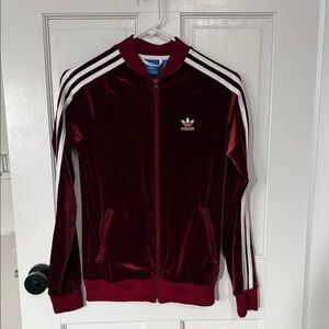 adidas Burgundy Velvet Track Jacket with White Stripes